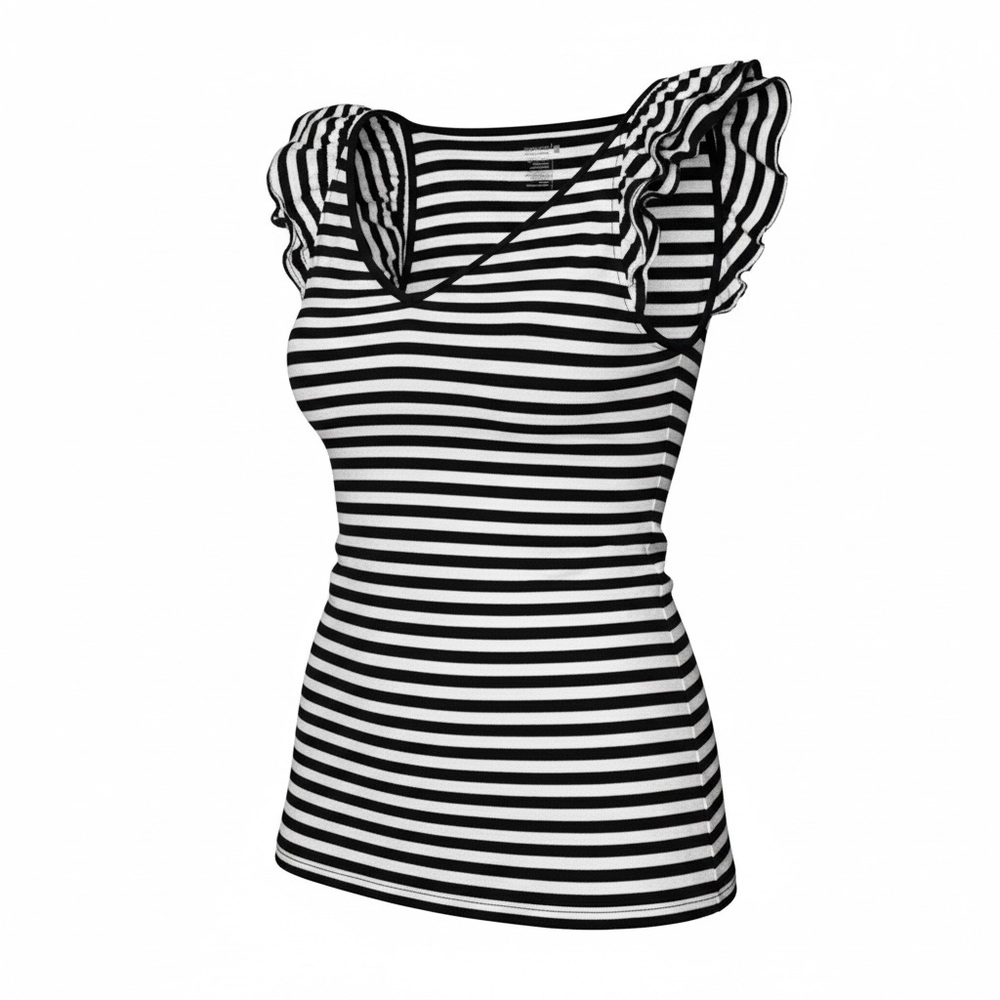 Y2K Black & White Striped Fitted Top Short Flutter Sleeve Blouse V-Neck Chic M